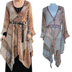 Bohemian Patchwork Effect Handkerchief Assymetric Hem Sheer Chiffon Overdress M